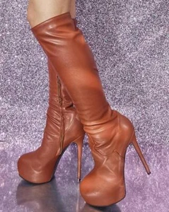 Damenmode sexy runde Spitze Reißverschluss Knie Stiefel Party Bar hohe Absätze Plateau - Bild 1 von 5