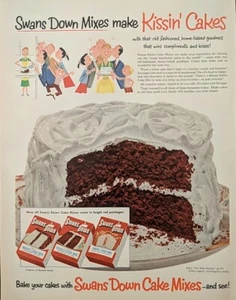 1953 Swans Downs Cake Mix Print Ad, Chocolate Cake White Frosting Tall  - Picture 1 of 1