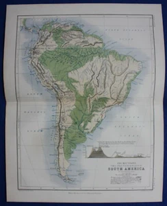 S. AMERICA, MOUNTAINS, PHYSICAL MAP, original antique atlas map, Johnston, 1853 - Picture 1 of 4