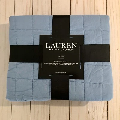 Ralph Lauren 绗缝欧式枕头 Sham 蓝色 Asher 棉 26 英寸 x 26 全新 — 第 1/4 张图片