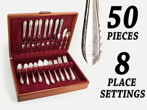 50pc HOLMES & EDWARDS First Lady Inlaid Silver Flatware Set 8 Settings w/Box - Picture 1 of 24