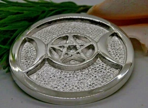Triple Moon Pentagram Altar Tile Silver Plated Over Solid Brass 3" Wicca. Witch - Picture 1 of 4