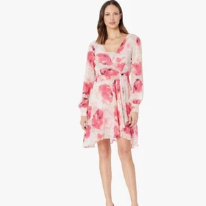 Calvin Klein Womens LS Faux Wrap Dress 16 Pink Floral Chiffon Party Wedding NEW - Picture 1 of 8