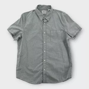 Timberland Shirt Mens XL Slim Fit Button Up Plaid Short Sleeve Blue Gray Y2K - Picture 1 of 6