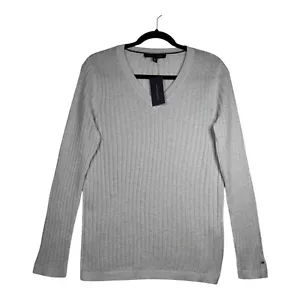 Neu mit Etikett Tommy Hilfiger Damenpullover grau gerippt V-Ausschnitt Größe M, Langarm - Bild 1 von 10