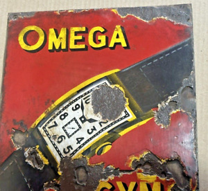 OMEGA WATCHES Enamel ADVERTISING Sign EMBOSSED PROCELIAN Metal board RED Damage