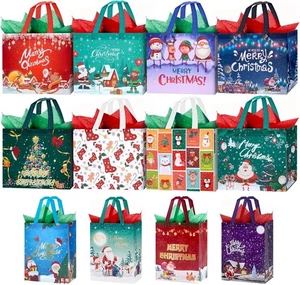 12 Pack Christmas Bags with Tissue Paper, Reusable Tote Bag with Handles Include - Picture 1 of 6