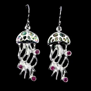 925 Sterling Silver Earrings Round Ruby Myanmar Mop Jellyfish Gemstone Jewelry - Picture 1 of 14