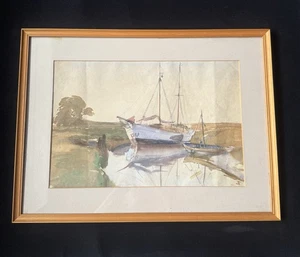 Original Framed Watercolour Painting Ships In A Cove Vintage Artwork - Picture 1 of 11