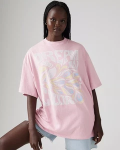 New Levi Dream Colour Oversized Graphic T Shirt UK S Casual Peacock Pink - Picture 1 of 18