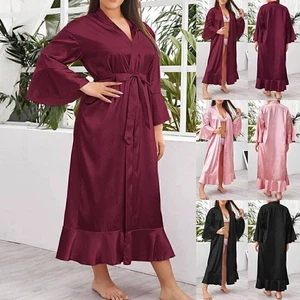 Übergröße Damen Satin Bademantel Kimono Morgenmantel Lang Nachtwäsche Negligee - Bild 1 von 15