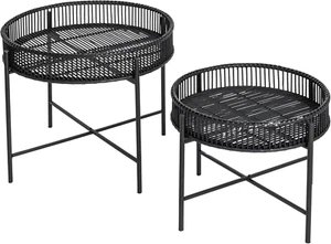 round Bamboo and Metal Tables, Black, Set of 2 - Picture 1 of 8