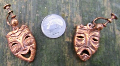 Vtg GREEK MUSE Earrings MASK Drama Theater Comedy Mardi Gras Copper RARE VG+ - Image 1 of 3