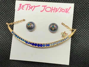 BETSEY JOHNSON Blue Curved Bar Necklace & Blue Pearl Stud Earrings Set NWT $38 - Picture 1 of 11