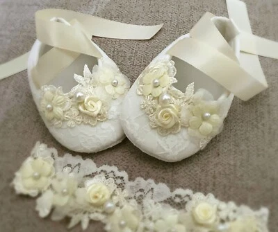Girl Baptism Shoes in Ivory, Christening Shoes and Headband Flowers Pearls Lace - Image 1 of 4