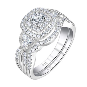 1CT Halo Wedding Band Set Promise Engagement Ring Sets for Women CZ 925 Silver 7 - Picture 1 of 8