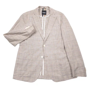 $595 Hugo Boss Hanry 233 Oatmeal Plaid Slim Fit Sport Coat Jacket Mens Size 46R - Picture 1 of 12