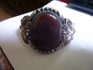 Vintage Navajo Bell Indian Trading Post Co. Sterling Agate Stone Cuff Bracelet - Picture 1 of 13