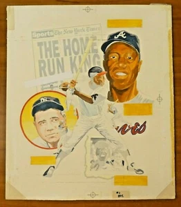 1974 Hank Aaron NY Times Original Artwork 12x14 - Picture 1 of 5