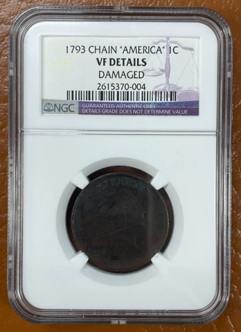 1793 Flowing Hair Chain Large Cent "AMERICA" NGC Very Fine Details Damaged VF Cover