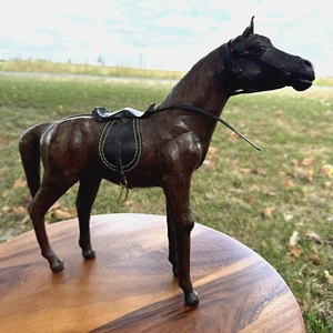 Vintage Large Wooden Horse Statue Hand Carved Leather Wrapped Figurine 13" Tall - Picture 1 of 17