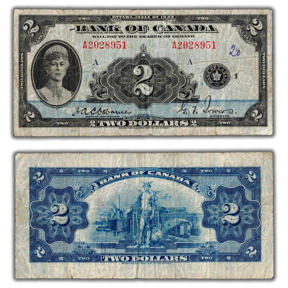 $2 1935 Bank of Canada Note English Text BC-3 - Writing/Faded Stamp on Back - Imagem 1 de 3