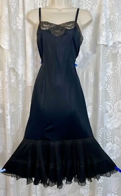 Vtg 36 Tall FANCY GOTH ROGERS BLACK NYLON Dress SLIP Pleated Chiffon Hem nightie - Image 1 of 4