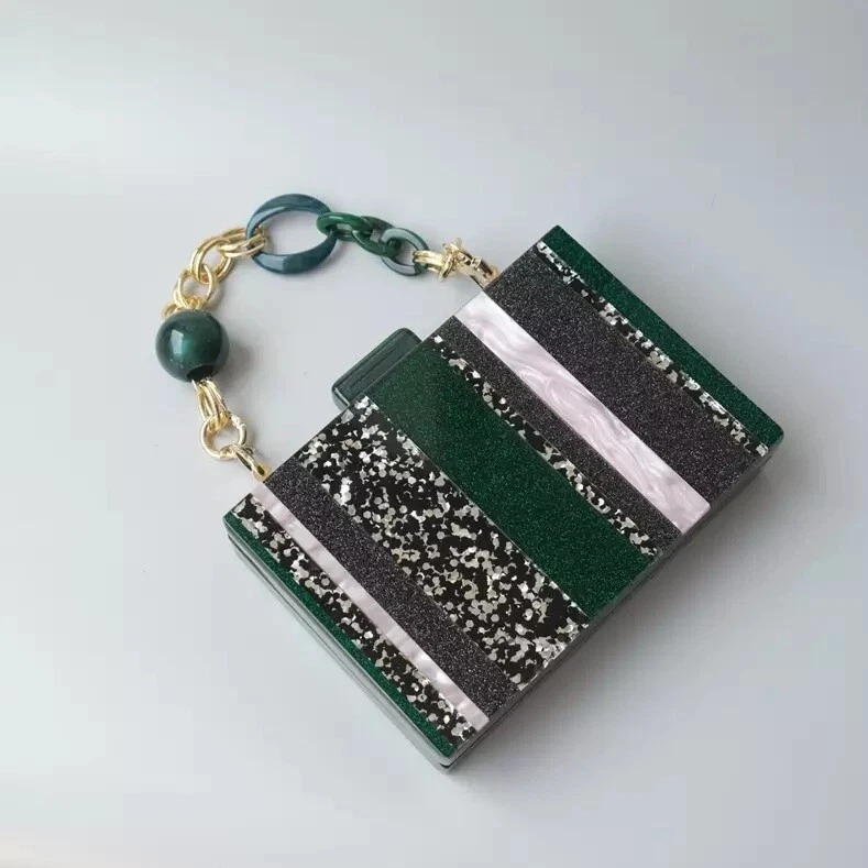Women Striped Evening Handbag Green Black Color Wedding Box Clutch Purse Sequin - Image 1 of 4