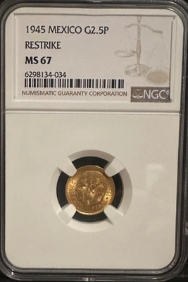 1945 Mexico gold 2 1/2 Pesos, 2.5 or dos y medio, NGC MS67 - Image 1 of 2