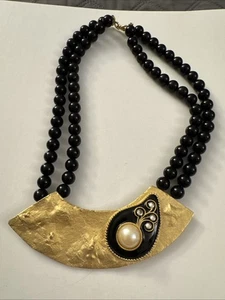 1980's Black & Gold Statement Choker Necklace Faux Pearl B55 - Picture 1 of 2
