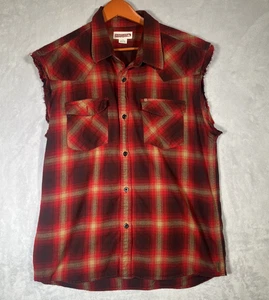 Quicksilver Sleeveless Shirt Mens L Red Plaid Flannel Cut Off Button Down - Picture 1 of 12