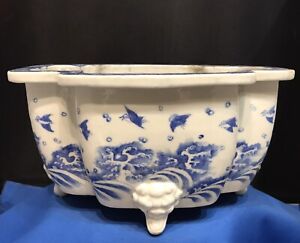 Antique Blue and White Bonsai Pot with Birds and Waves Design
