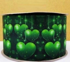 GROSGRAIN RIBBON 5/8", 7/8", 1.5" & 3" St. Patrick's Day Green Hearts Printed  - Picture 1 of 1