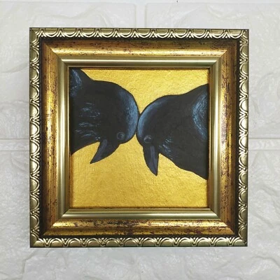 Two crows painting Raven Art Bird artwork small original Golden art - Image 1 of 4