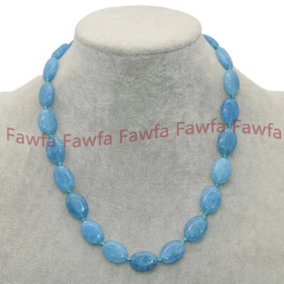 Genuino Natural 13x18mm Brasileño Aguamarina Piedras Preciosas Collar Cuentas Ovaladas 18" Foto 1 de 3