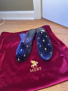 Mery Blau Gold Pegasus Bestickt Samt Leder Block Halbschuhe 40/10 Tasche Neu - Bild 1 von 13