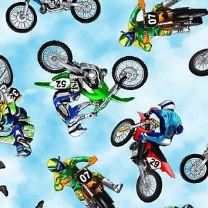 Almost 1 Yard Extreme Sports Dirt Bike Sky Cloud Biker Cotton Fabric 34"L x45"W - Picture 1 of 2