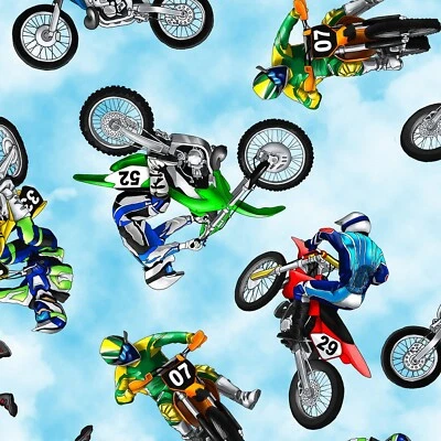  Almost 1 Yard Extreme Sports Dirt Bike Sky Cloud Biker Cotton Fabric 34"L x45"W - Image 1 of 2