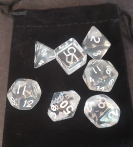 7 polyhedral dice set - Clear Translucent with White Numbers - Picture 1 of 2