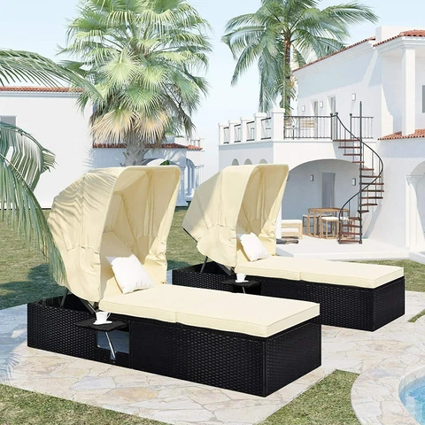 Adjustable Outdoor Chaise Lounge Chair Rattan Wicker Patio Lounge Chair w/Canopy Cover