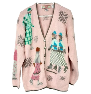 CARDIGAN BAY Sweater Cardigan Sz L Hand Knit Cotton Holiday Wearable Art - Picture 1 of 24