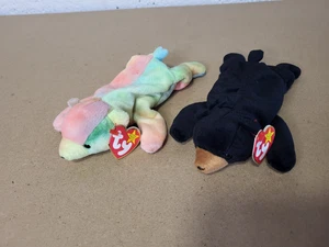 TY Beanie Babies bundle Blackie The Bear and sammy rainbow bear with tags - Picture 1 of 4