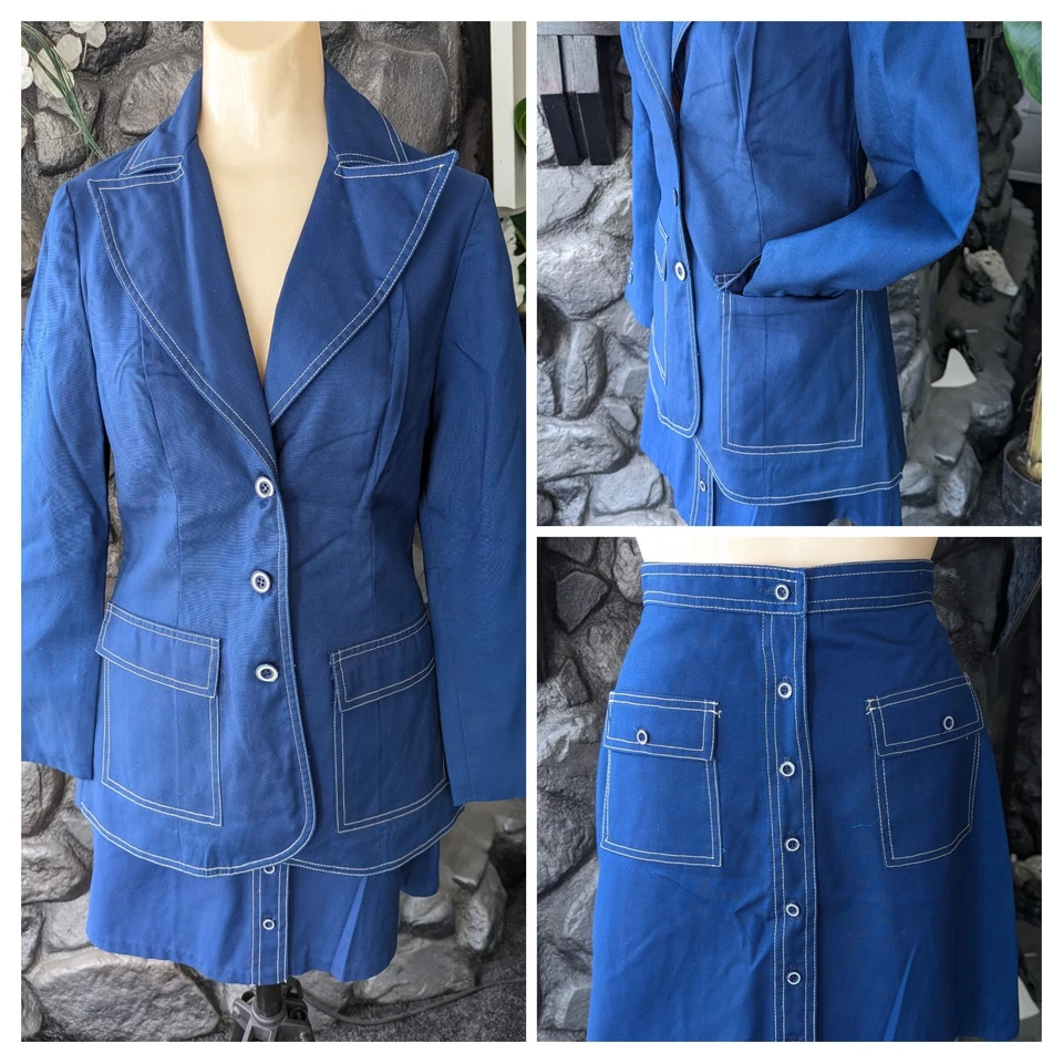 Vtg 70s Bronson Calif Skirt Suit Blue White Contrast Stitching Sz 5 Patch Pckts - Image 1 of 4