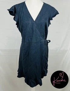 Just Jeans Wrap Mini Dress Navy Blue Lyocel Ruffle Sleeve Ruffle Hem Size 16 - Picture 1 of 7