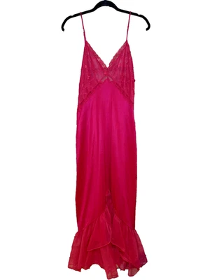 Vtg Fuschia Pink Nightgown Old Hollywood Slip Dress Lace Women's Medium Romantic - Image 1 of 4