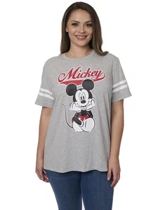 Women's Plus Size Disney T-Shirt Mickey Mouse Striped Sleeve Varsity Gray - Picture 1 of 6