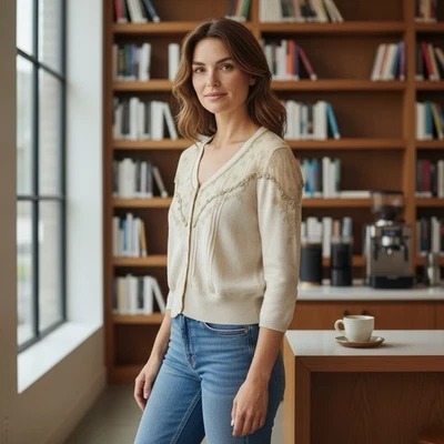 Кардиган на резинке Guinevere X Anthropologie размер Small кремовый вышитый кружевной - Изображение 1 из 4