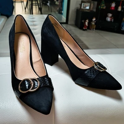 Para mujeres Talla 9 Negro Imitación Gamuza Tacones Hebilla Dorada Acento Punta Punta Tacón Bloque Foto 1 de 4