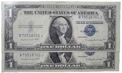🇺🇸 2-U.S.1935-G Uncirculated $1 Notes Sequential Serial Numbers # B79518301-2J - Image 1 of 2