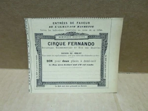 CIRQUE FERNANDO PARIS billet pour deux entrées Almanach Hachette 1896-97 - Picture 1 of 2